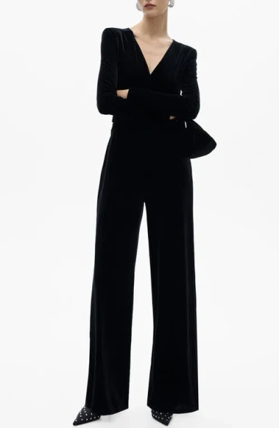 Mango Velvet Long Sleeve Jumpsuit In Black