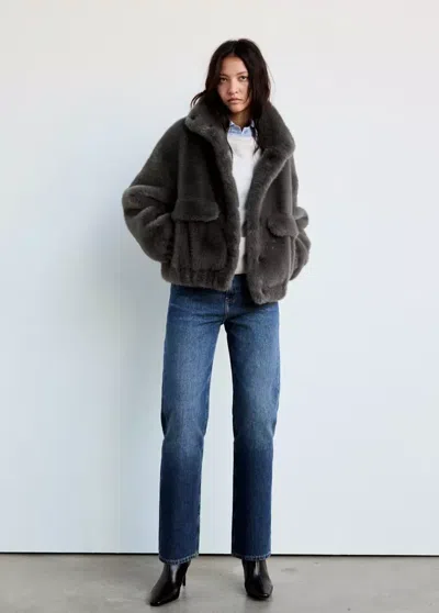 Mango Veste À Col Cheminée Effet Fourrure In Gris