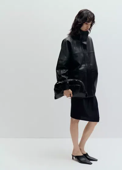 Mango Veste Cuir Synthétique Col Cheminée In Noir