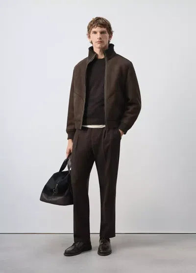 Mango Veste Imitation Daim Fermeture Éclair In Brown