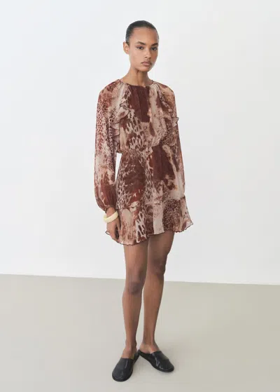 Mango Vestido Corto Estampado Volantes Brown