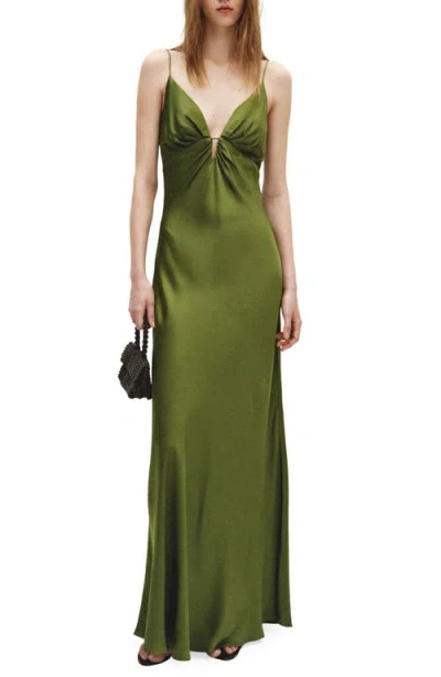 Mango Satin Dress With Gathered V-neckline In Green
