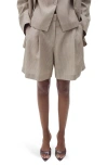 Mango Vivian Pleated Stripe Bermuda Shorts In Medium Brown