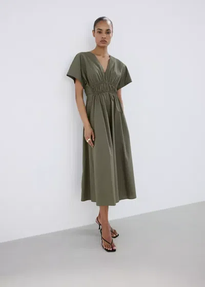 Mango V-neck Cotton Dress In Khaki