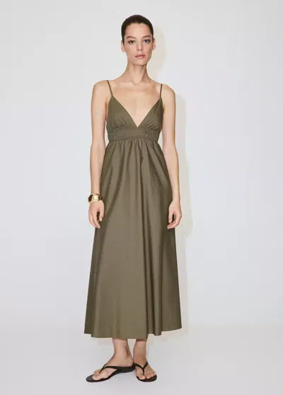 Mango V-neck Shirred Lyocell Dress In Green