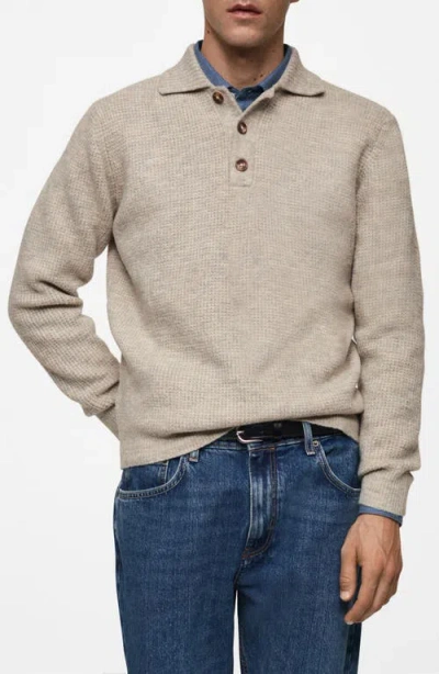 Mango Waffle Knit Polo Sweater In Sand