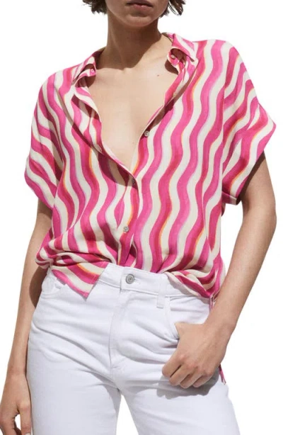 Mango Wavy Print Short Sleeve Button-up Shirt In Fuchsia
