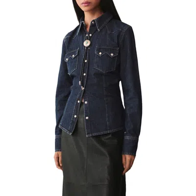 Mango Western Denim Snap-up Shirt In Dark Blue