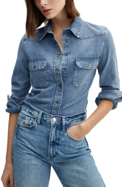 Mango Western Denim Snap-up Shirt In Medium Blue