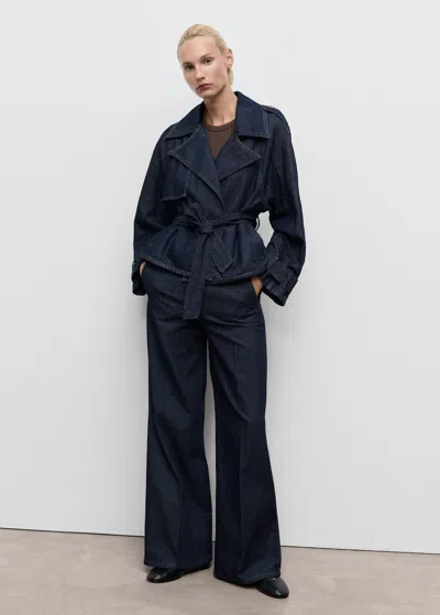 Mango Wide Leg Denim Trousers With Belt Loops Open Blue