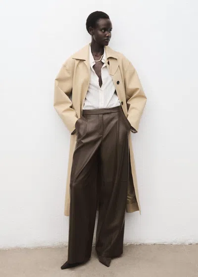 Mango Wide Leg Faux Leather Trousers Khaki In Brown