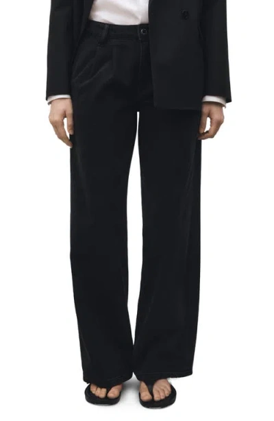 Mango Wide Leg Jeans With Pleat Detail In Black Denim