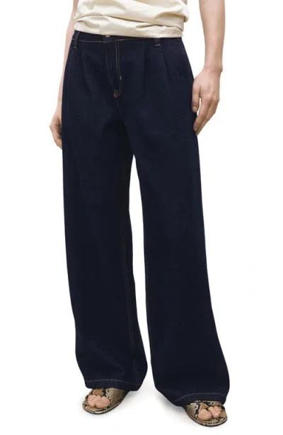 Mango Wide Leg Jeans With Pleat Detail In Open Blue
