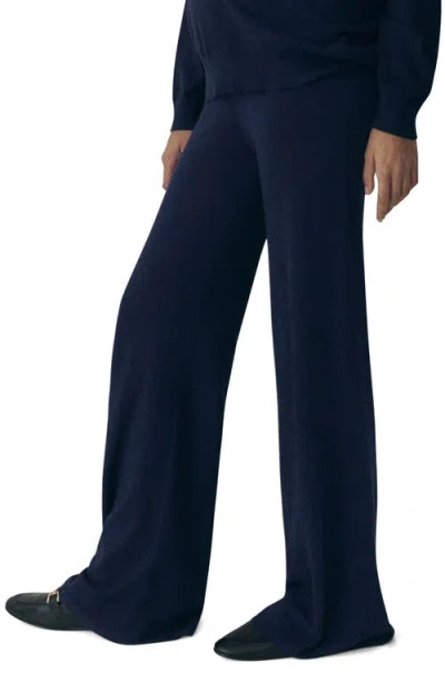Mango Wide Leg Knit Pants In Dark Navy