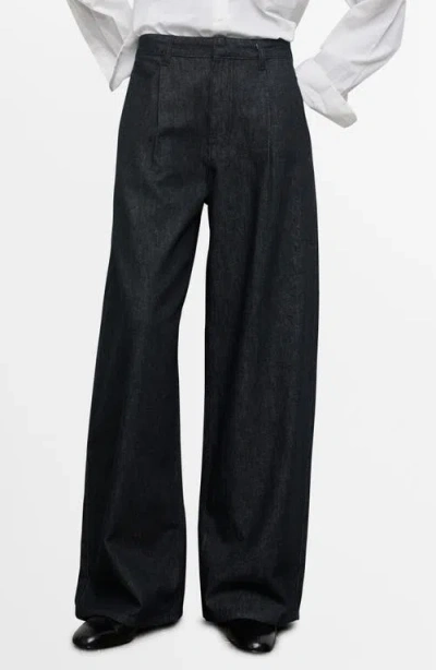 Mango Wide Leg Pleated Denim Trousers In Black