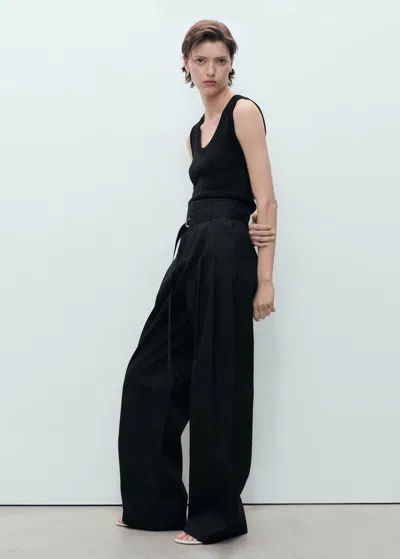 Mango Wideleg Cotton Pants With Belt Black