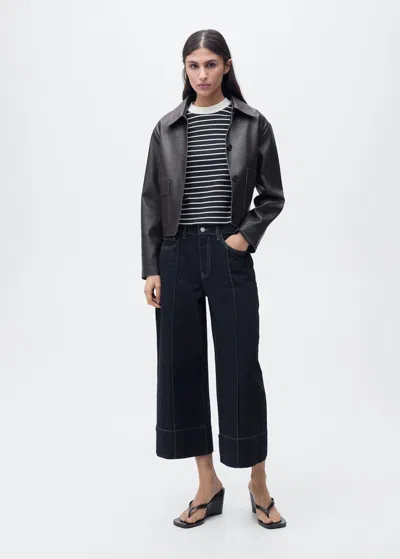 Mango Wideleg Cropped Seam Jeans Open Blue