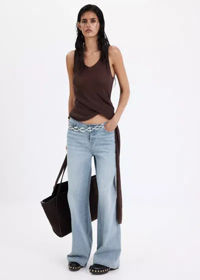 Mango Wide-leg Frayed Waist Jeans In Blue