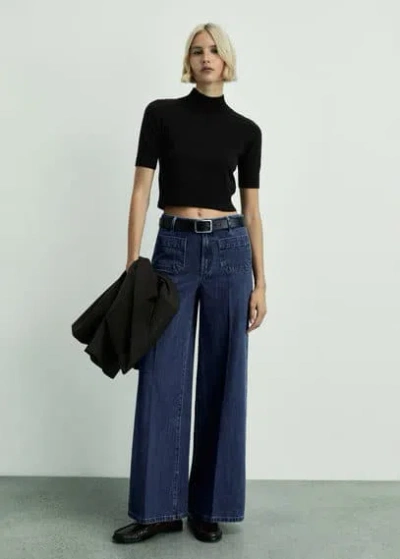 Mango Wideleg Jeans With Pockets Dark Blue