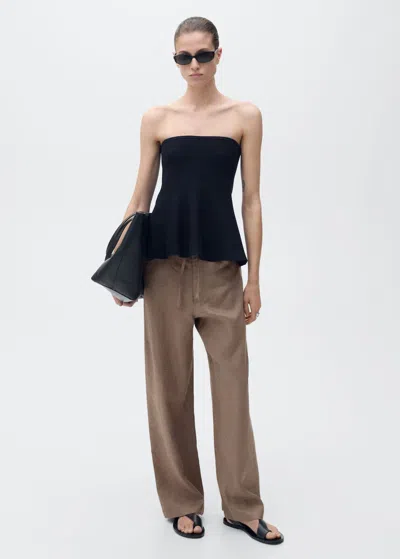 Mango Wideleg Linen Trousers Medium Brown