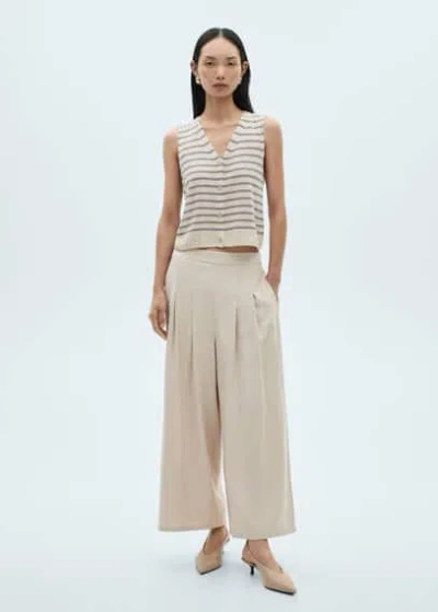 Mango Wideleg Pleated Trousers Beige In Beige