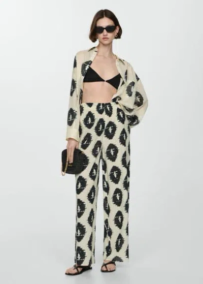 Mango Wideleg Printed Trousers Ecru In Écru