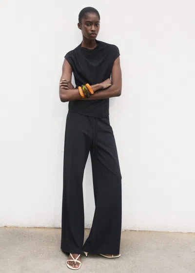Mango Wideleg Trousers With Elastic Waist Navy In Black