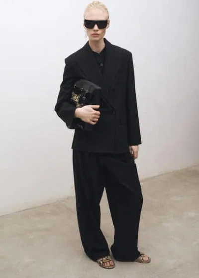 Mango Wideleg Wool Blend Suit Trousers Black