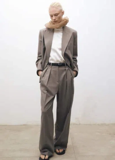Mango Wideleg Wool Blend Suit Trousers Medium Brown