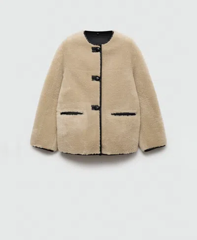 Mango Contrast Faux Leather Trim Faux Fur Toggle Coat In Ecru