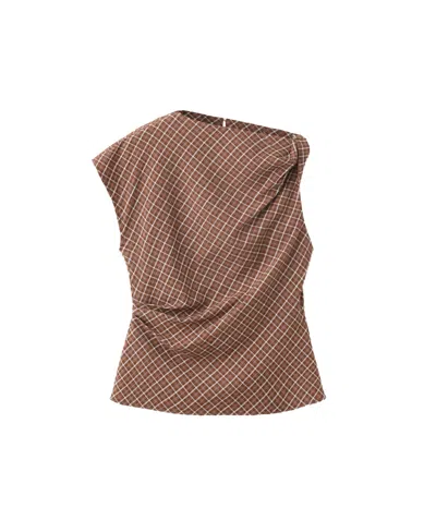 Mango Women's Asymmetric Checked Sleeveless Blouse In Brown