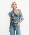 Mango Asymmetric Satin Check Blouse Blue In Medium Blue