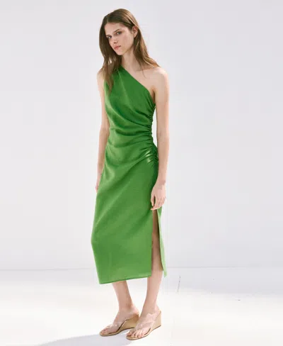 Mango Asymmetrical Pleated Midi Dress In Green
