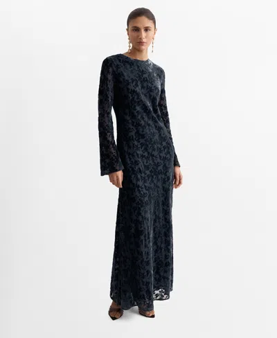 Mango Devoré Dress With Flared Sleeves Night Blue