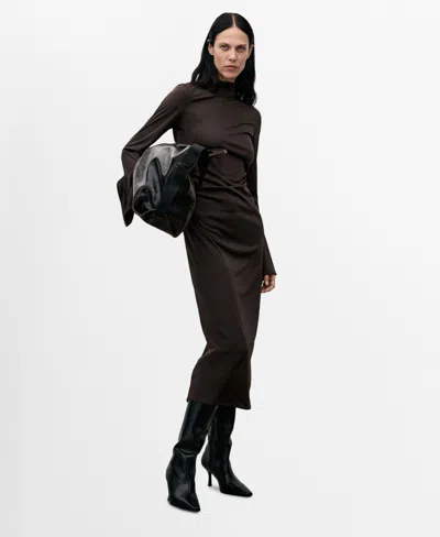 Mango Fitted Dress With Bell Sleeves Brown