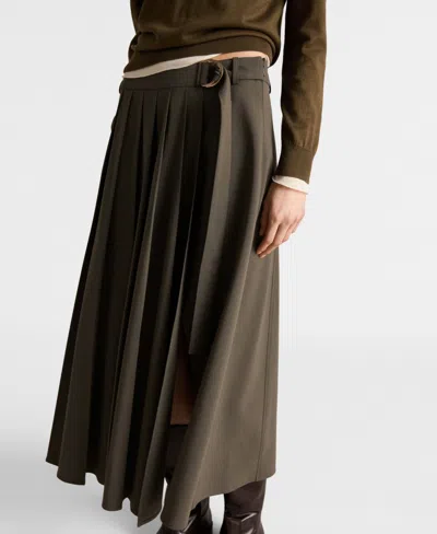 Mango Women's Belt Buckle Pleated Skirt In Khaki