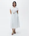 Mango Floral Embroidered Cap Sleeve Cotton Shirtdress In White