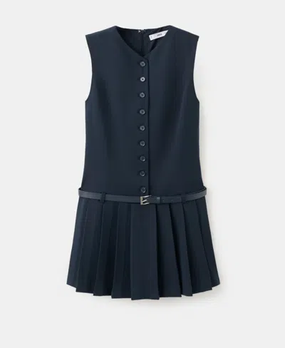Mango Pleated Dress With Belt Navy In Blue