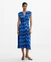 Mango Abstract Print Belted Dress In Blue