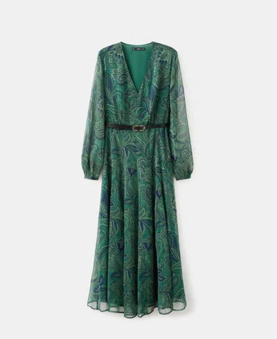 Mango Belt Printed Dress Green