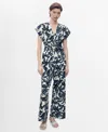 Mango Print Wide Leg Linen Blend Jumpsuit