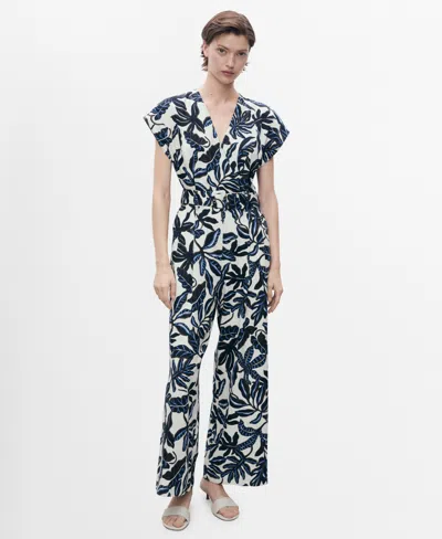 MANGO WOMEN'S BELT PRINTED LINEN JUMPSUIT