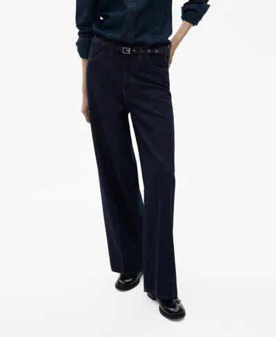 MANGO WOMEN'S BELTED RINSE-WASH WIDE LEG JEANS
