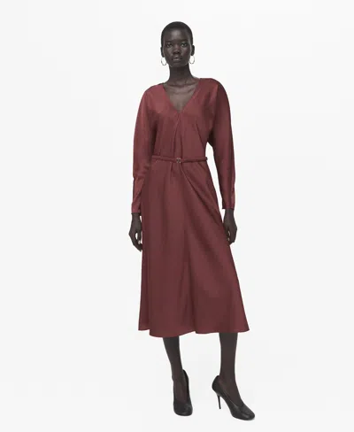Mango Women's Belted V-neck Dress In Burgundy