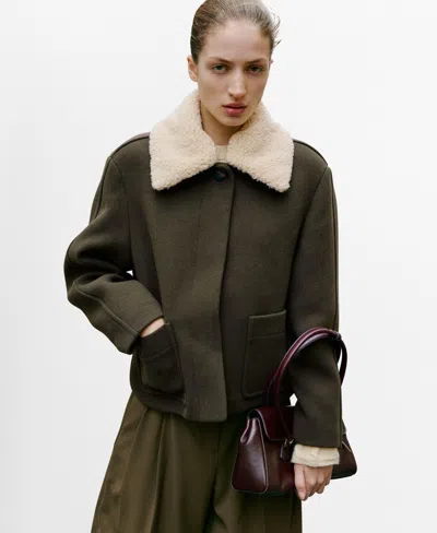 Mango Jacket With Removable Faux Shearling Collar In Green