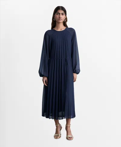 Mango Women's Bow Belt Pleated Dress In Navy
