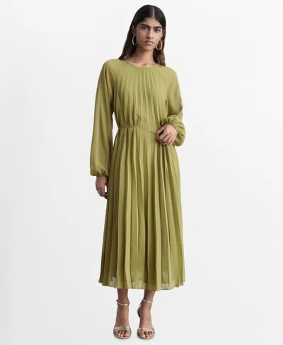 Mango Women's Bow Belt Pleated Dress In Olive Green