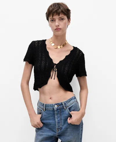 Mango Women's Bow Detail Knitted Cardigan In Black