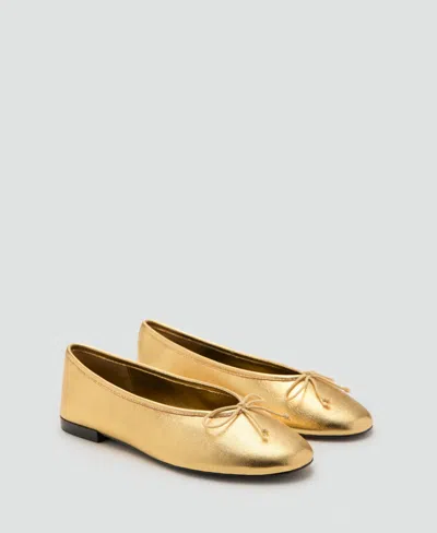 Mango Leather Ballet Flats With Bow Gold