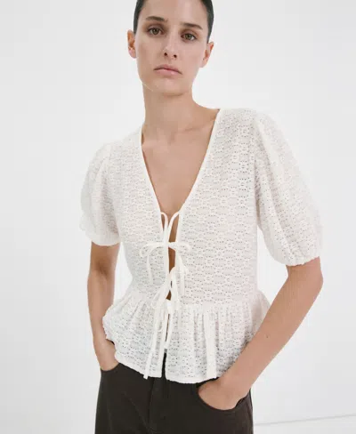Mango Women's Bows Floral Embroidery Blouse In White